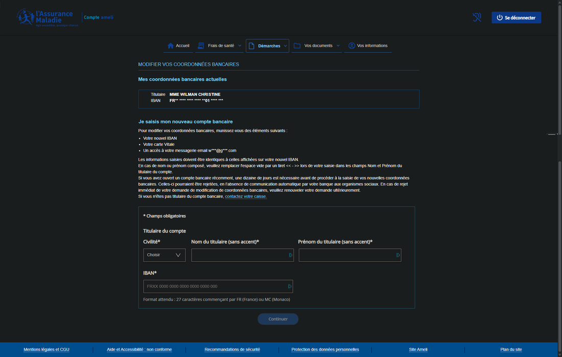 Capture d'écran du formulaire Ameli de modification des coordonnées bancaires