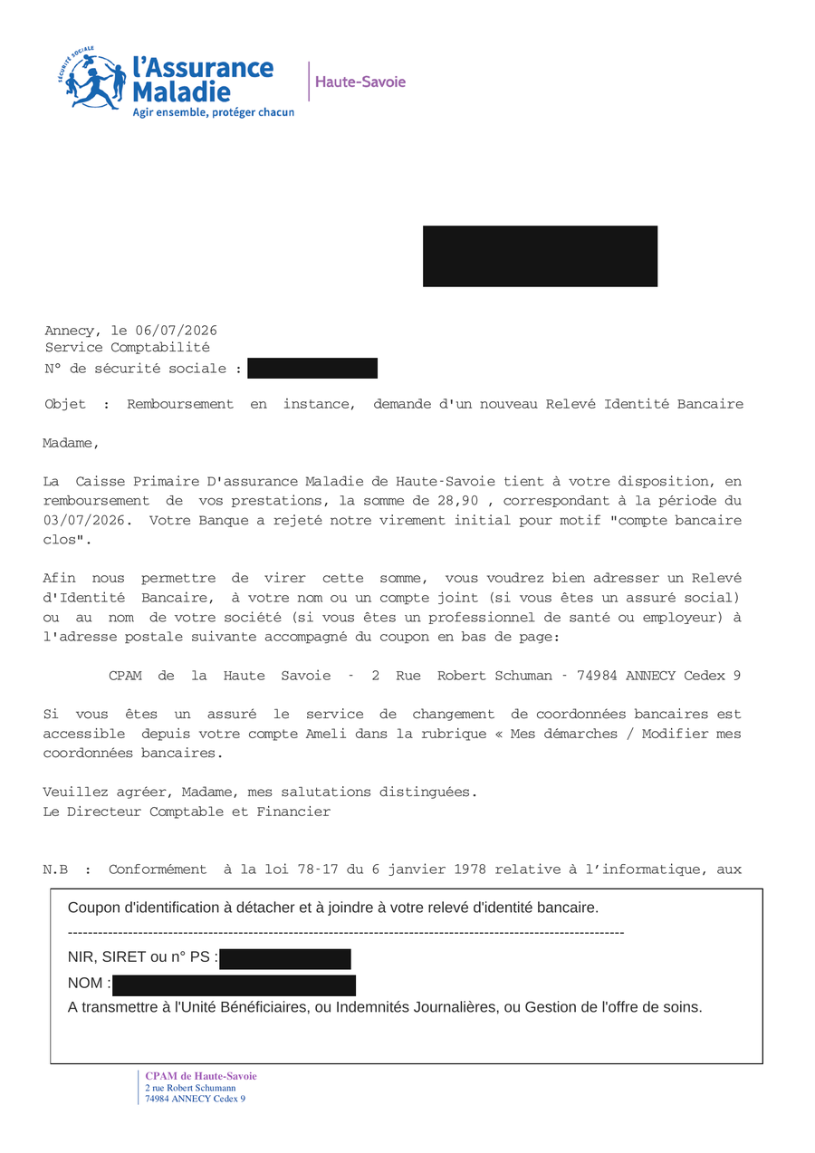 Courrier de la CPAM de Haute-Savoie annonçant un remboursement en instance de 28,90 euros, coordonnées personnelles masquées