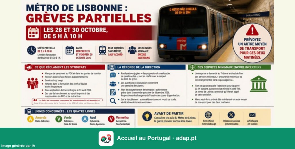 Métro de Lisbonne : grèves partielles les 28 et 30 octobre, de 5 h à 10 h